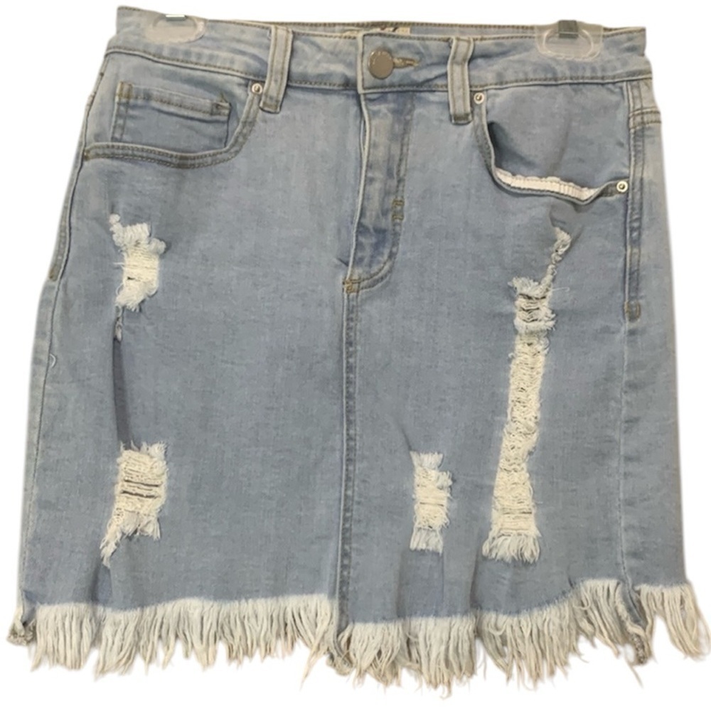 Denim BLVD Slim Fit Rugged Jean Skirt Waist 28 Distressed Mini Skirt Blue Wash - Picture 1 of 7